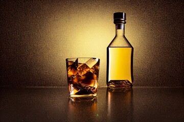 Hard strong alcoholic drinks and distillates in glasses. Glass with ice cubes on the rocks and gold bottle liquor. Black brown background. Close up shot. Generative AI