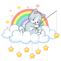 cute kitten on a cloud in a rainbow world fishing stars