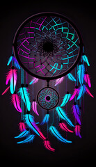 Neon glowing black dreamcatcher on a dark background. Generative AI - obrazy, fototapety, plakaty