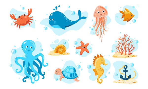 Ocean life. Marine set with sea creatures for girls and boys, drawings for children's day and birthday
