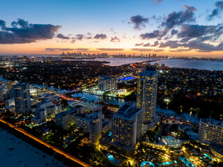Beautiful Miami sunset. Aerial night drone photography