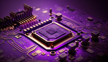 Close up of an electrical circuit board with a CPU, a microchip, and other electronic components in the background. Generative AI