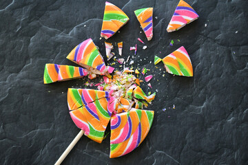 Concept for childhood trauma or child abuse and neglect.  A colorful lollipop candy that has been...