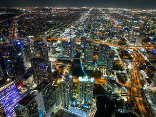 Night aerial photo Miami River between Downtown Miami and Brickell