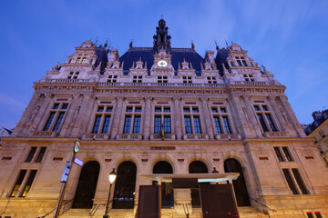 The city hall of 10th district of Paris at night. The building was inaugurated in February of 1896.