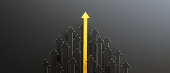 Leadership concept, yellow leader arrow leading black arrows, on black background with empty copy space. 3D Rendering