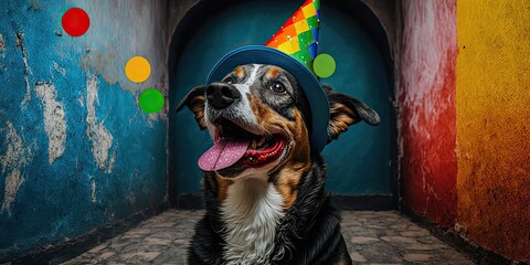 carnival, party, a smiling dog in front of a colorful wall, balloons and confetti