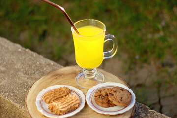 Glass of orange juice with reusable straw and two plates with cookies, served in a garden. Selective focus.