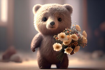 Cute teddy bear sits on the floor, bouquet of flowers in a vase, birthday card, March 8, bear and flowers, realistic style, generated with AI