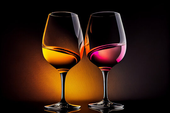 two wine glasses with pink and gold wine clinking together, studio picture