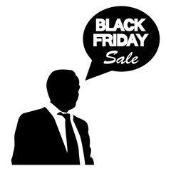 Logo aislado silueta de hombre de negocios con letras palabra Black Friday Sale en burbuja de habla