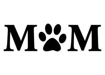 Logo pet friendly. Letras de la palabra mom en texto manuscrito con zarpa de perro o gato en lugar de letra o