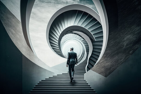 Business man walking up abstract spiral shaped stairs that loop in infinity, generative AI