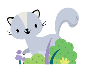 Cute raccoon in bushes. Adorable forest baby animal walking on nature cartoon vector illustration