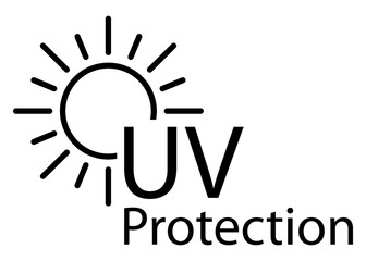 Vacaciones de verano. Crema solar. Logotipo con silueta de sol lineal con texto UV Protection