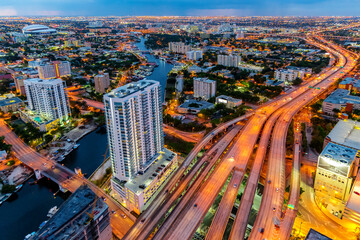 Fototapeta na wymiar Downtown and Main Highway 95 System,Miami River.Aerial View,Miami,South Florida,Dade,Florida,USA