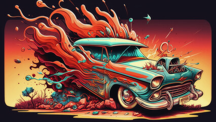 Illustration of retro car exploding releasing fire