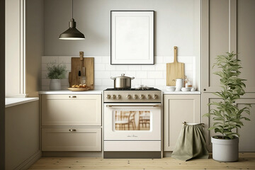 Fototapeta na wymiar Mock up poster frame in modern beige Kitchen Scandinavian style
