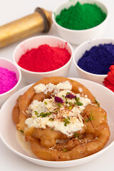 Rabdi Jalebi Also Called Rabri Jilebi, Jilapi, Jilipi, Zulbia, Zalebi, Mushabak Is Dessert Made Of Fermented All Purpose Flour Maida, Besan Fried In Desi Ghee Dunked In Sugar Syrup Cheeni Ki Chasni