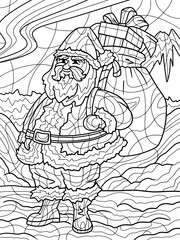 Santa Claus with a bag of toys, gifts. Dense forest. Antistress for children and adults. Illustration on white background.