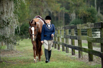 Classic English equestrian walking with horse. 