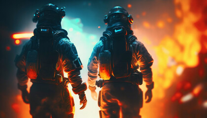 Brave firefighters in high-tech outfit in front of the fire. Created with Generative AI technology.
