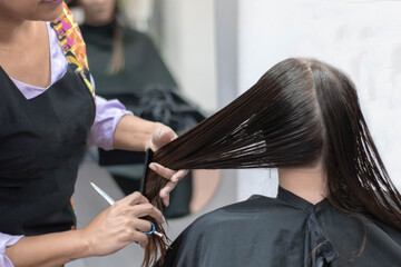 Hairdresser cutting a girl's hair.