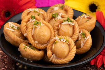Chandrakala Gujia Mithai Also Called Suryakala Gujiya, Pirukiya, Pirukia, Pedakiya, Karanji, Basundi Gughra Made Of Suji Ghee Stuffed With Mawa Khoya Chasni Mava Khoa For Deepawali, Teez, Holi, Teej