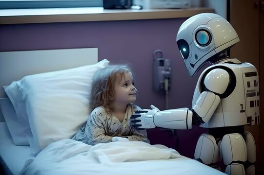 Future of hospital care with robots.Cute kind Robot communicates with a sick child. AI generated