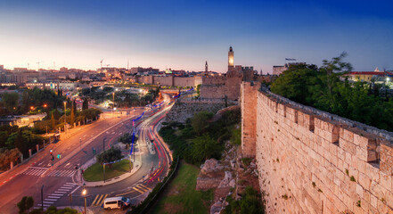 Jerusalem: night view to Old City Wall, tower of David