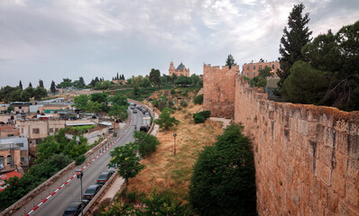 Fototapeta na wymiar Jerusalem: Abbey of the dormition, Old City Wall view
