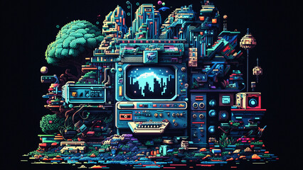 A colourful 16-bit pixel art of retro technological city implementing sustainable environment