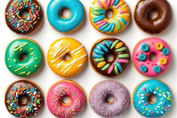 An assortment of colorful donuts, viewed from above against a pristine white background, are sure to appeal to any sweet tooth. Generative AI