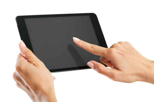 Woman holding   digital tablet on background