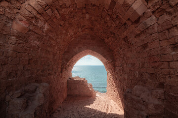 Arch of The Crusader Fortress in Herzliya, Israel. View to the sea