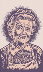 Fototapeta na wymiar Happy grandma old woman vintage woodcut hand drawn engraving style illustration vector eps 10