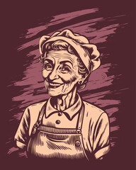 Fototapeta na wymiar Happy grandma old woman vintage woodcut hand drawn engraving style illustration vector eps 10