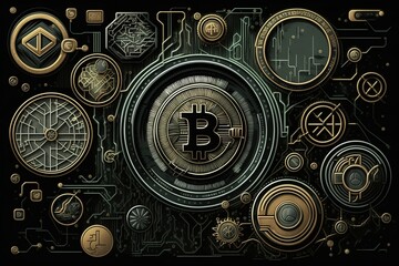 Cryptocurrency background with bitcoin coin in the center, generative ai