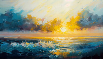 Oil painting of the sea on canvas sunset