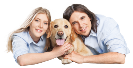 Young couple with dog isolated on white background
