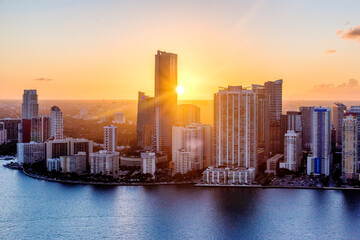 Downton at sunset,.Aerial, .Miami,Miami Beach South Florida,USA