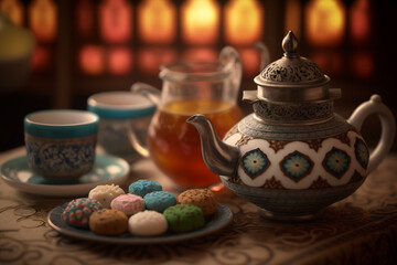 A Moroccan tea room with fresh mint tea and traditional sweets, captured with a digital SLR camera and a fast prime lens. - obrazy, fototapety, plakaty