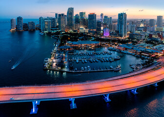 Mc Arthur Causeway and Miami Downtown .Aerial, .Miami,Miami Beach South Florida,USA