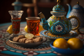 A Moroccan tea room with fresh mint tea and traditional sweets, captured with a digital SLR camera and a fast prime lens.