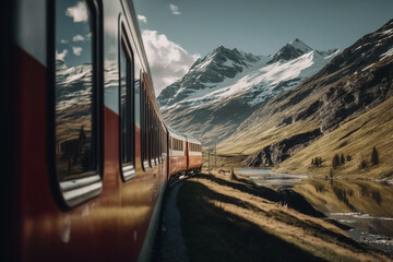 A scenic train journey on the Bernina Express, passing through the Swiss Alps and capturing the stunning landscape mountain views