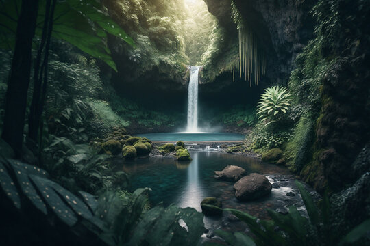 Secret waterfall hidden deep in the jungle forest in Bali, with vibrant green foliage and an idyllic pool to swim in, travel and tourism.