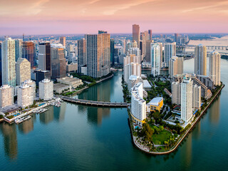 Brickell Key,Downtown Miami and Four Seasons Hotel sunrise.Miami,South Florida,Dade,Florida,USA - obrazy, fototapety, plakaty