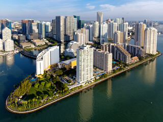Fototapeta premium Brickell Key,Downtown Miami and Four Seasons Hotel sunrise.Miami,South Florida,Dade,Florida,USA