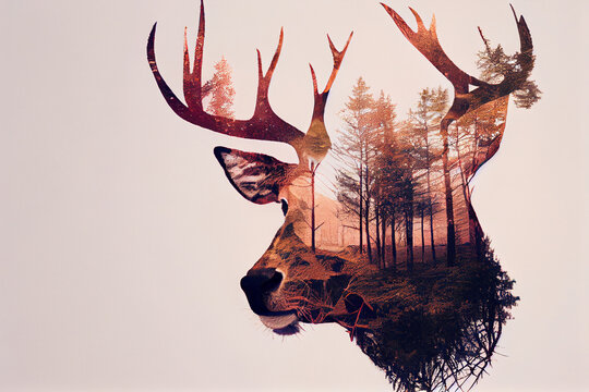 Double exposure of a deer head and a forest, generative AI.