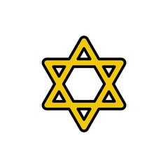 Purim star of David template. Traditional jewish symbol in yellow color. Outline icon isolated on white and transparent background. Hand drawn doodle vector illustration.